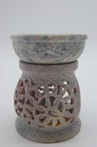 Oil burner, diffuser, tealight holder, Indian soapstone, carved filigree design