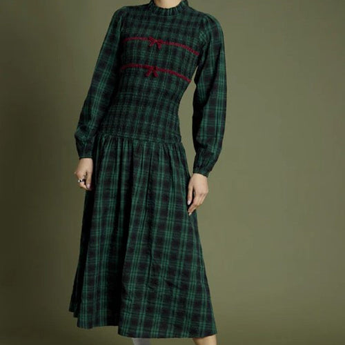 Midi Tartan Shirred Dress