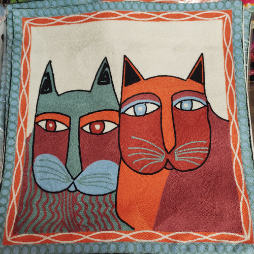 Cats Orange & Blue ‘Crewel’ Embroidered Cushion Covers