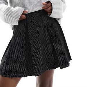 Black Pleated Polka Dot Cord Mini Skirt