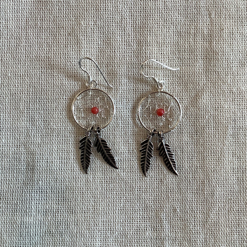 Double Feather Red Dreamcatcher Earrings 16mm