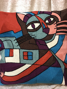 Cubist Cat ‘Crewel’ Embroidered Cushion Covers