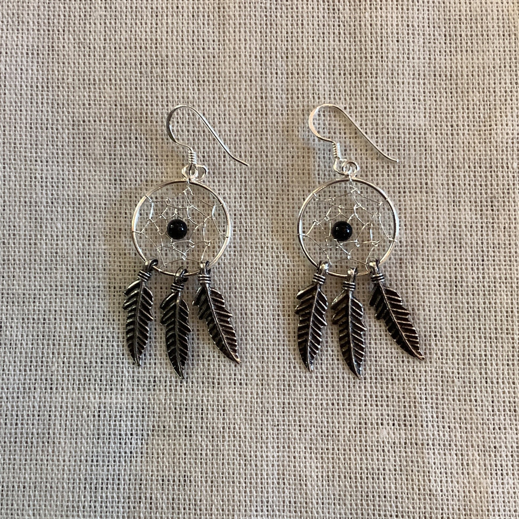 Triple Feather Black Dreamcatcher Earrings 16mm