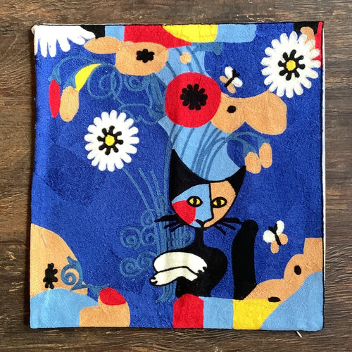 Blue Cat Crewel Embroidered Cushion Cover