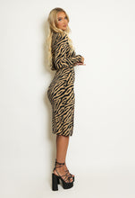 Zebra Print High Neck Long Sleeve Midi Dress