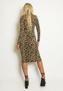 Zebra Print High Neck Long Sleeve Midi Dress