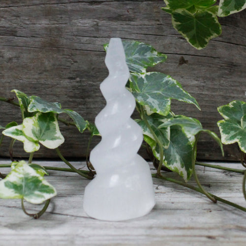 Selenite Spiral Unicorn Tower 10cm