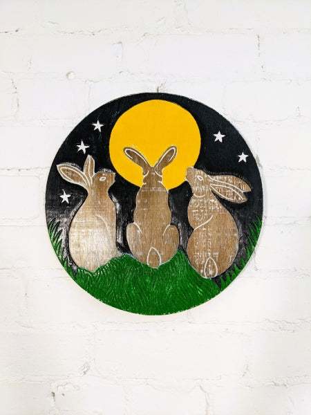 Hares & Moon Wooden Plaque 33 cm