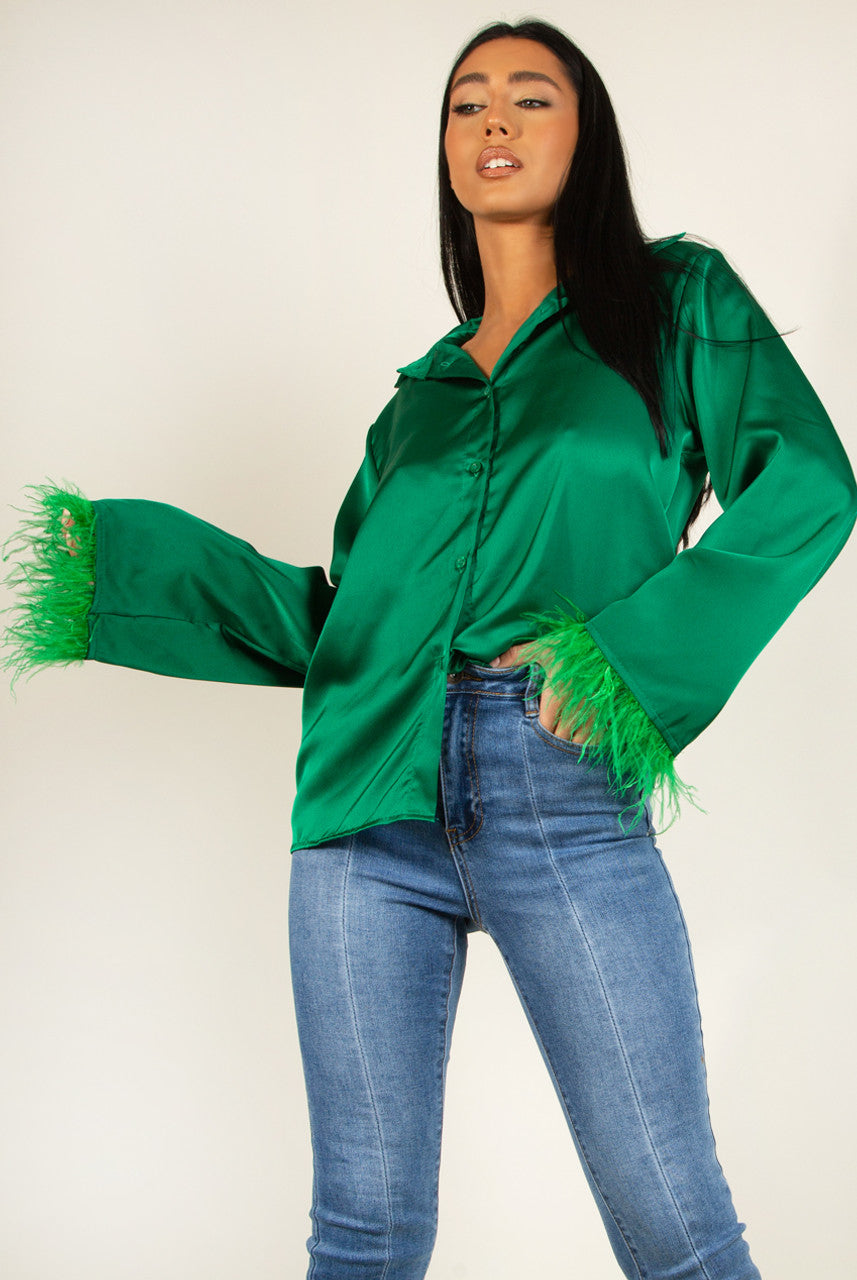 Satin Shirt with Ostrich Feather Cuff