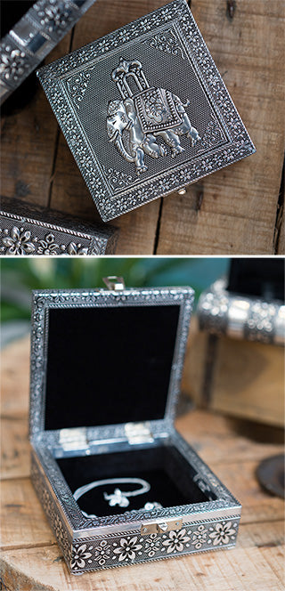 Square Silver Elephant Jewellery Box