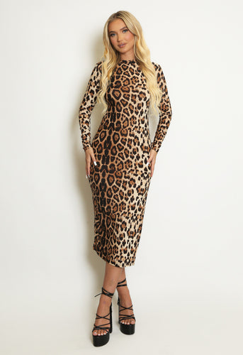 Leopard Print Long Sleeve Midi Dress