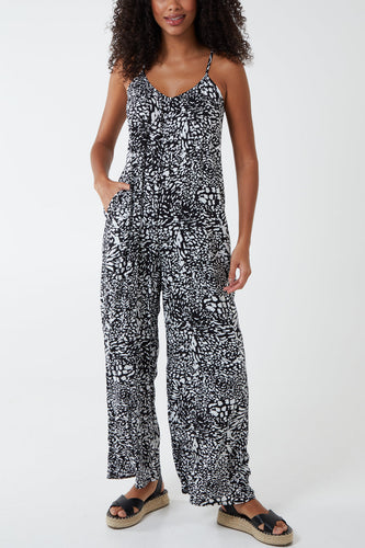 Mono Leopard Print Wide Leg Jumpsuit