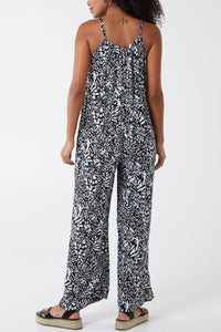 Mono Leopard Print Wide Leg Jumpsuit