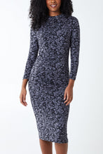 Winter Floral Print 3/4 Sleeve Length High Neck Midi