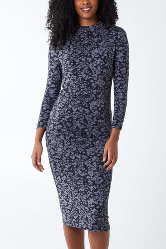 Winter Floral Print 3/4 Sleeve Length High Neck Midi
