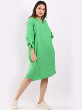 Harriot Button Linen Collarless Dress LAGENLOOK