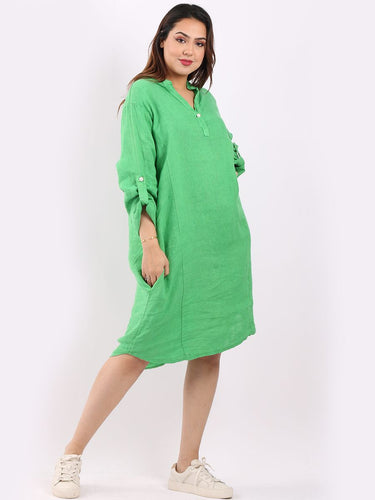 Harriot Button Linen Collarless Dress LAGENLOOK
