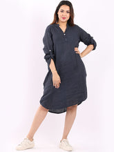 Harriot Button Linen Collarless Dress LAGENLOOK