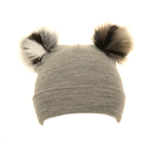 Ladies Double Faux Fur Pompom Hat