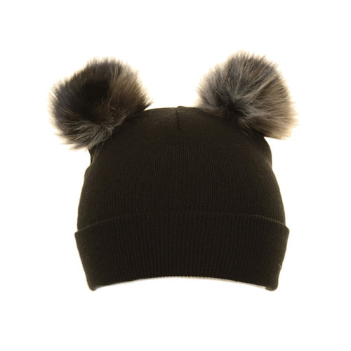 Ladies Double Faux Fur Pompom Hat