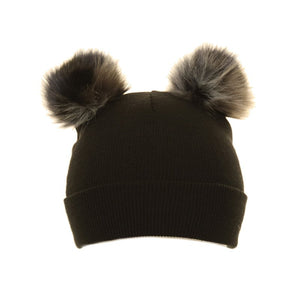 Ladies Double Faux Fur Pompom Hat